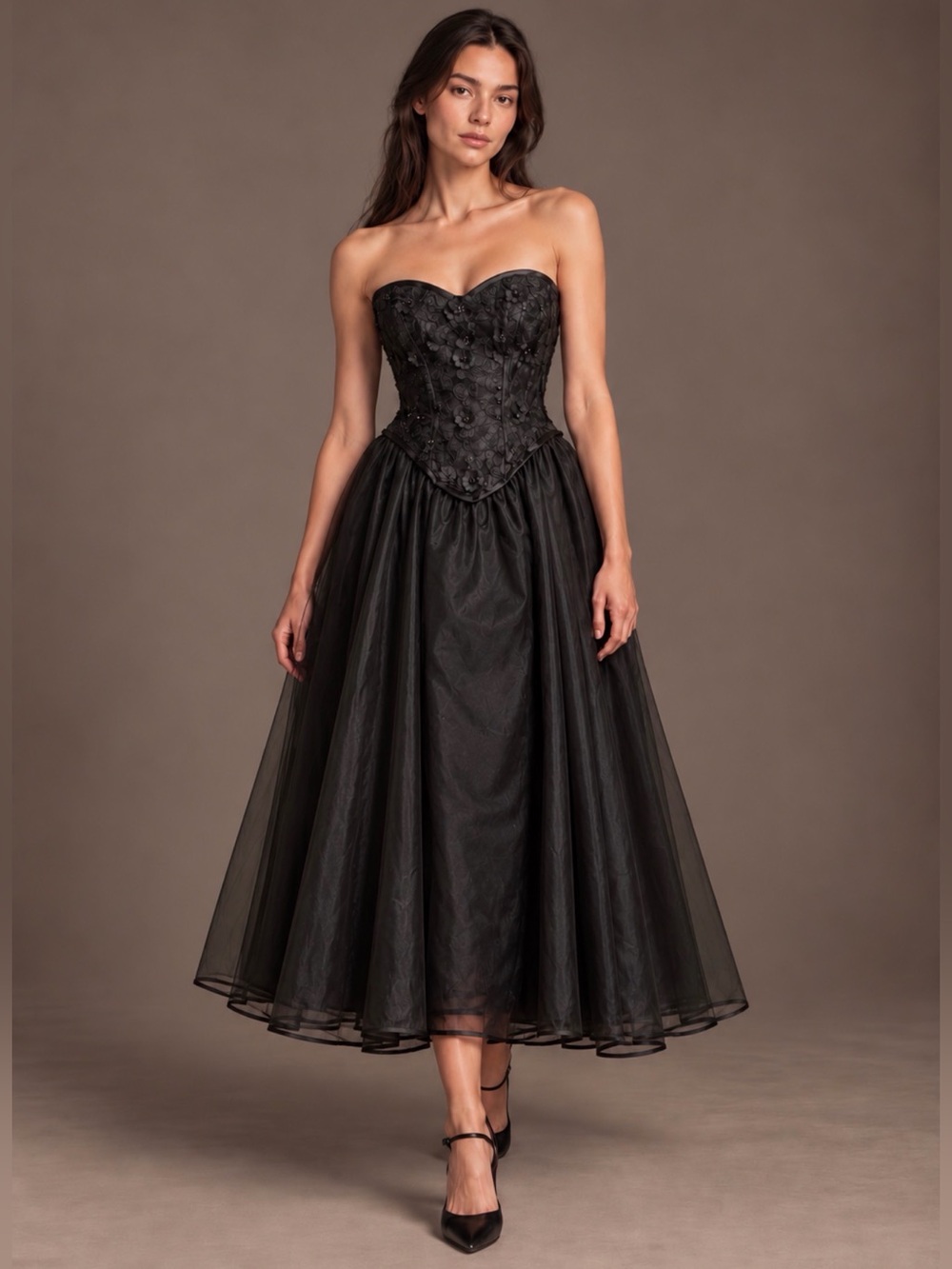 Vintage Edie Johne Black Strapless Floral Appliqué Tulle Gown Size M